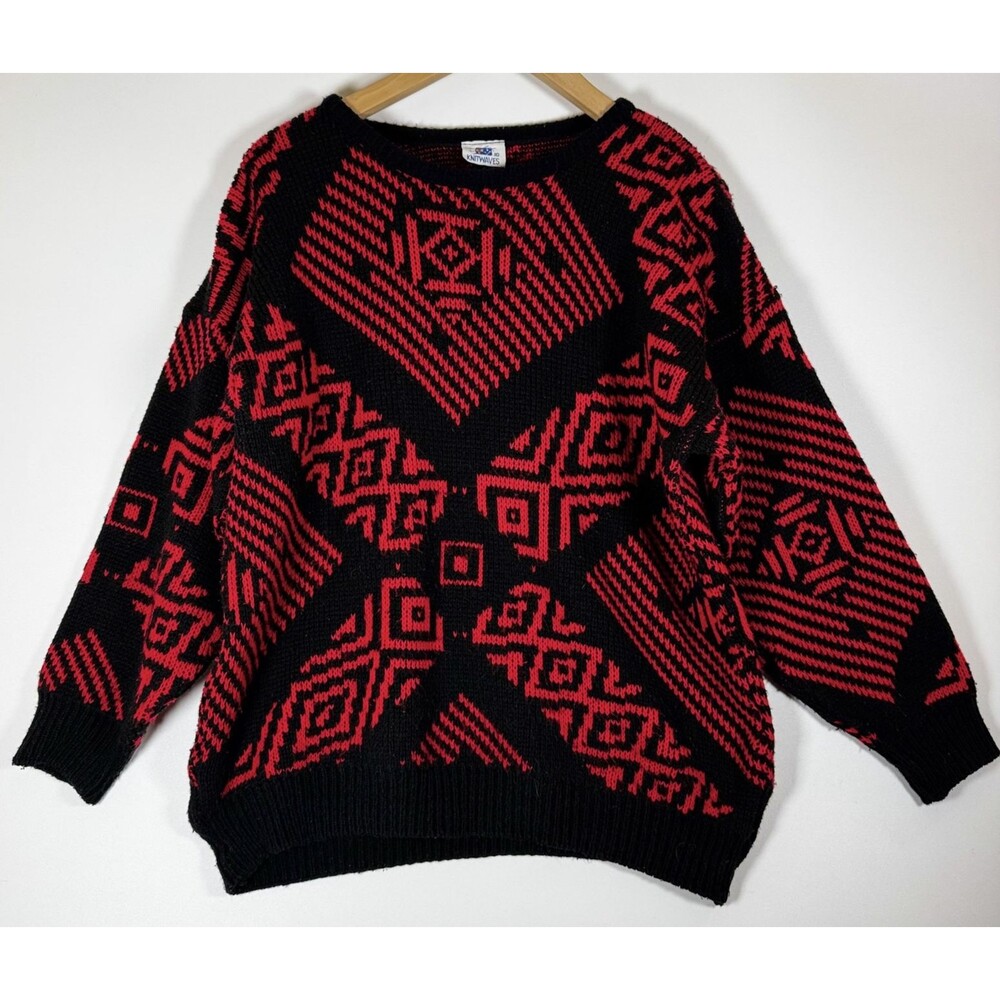 Vintage Knit Waves Sweater Womens 10 Black Red Geometric 80s Bold Retro Pullover